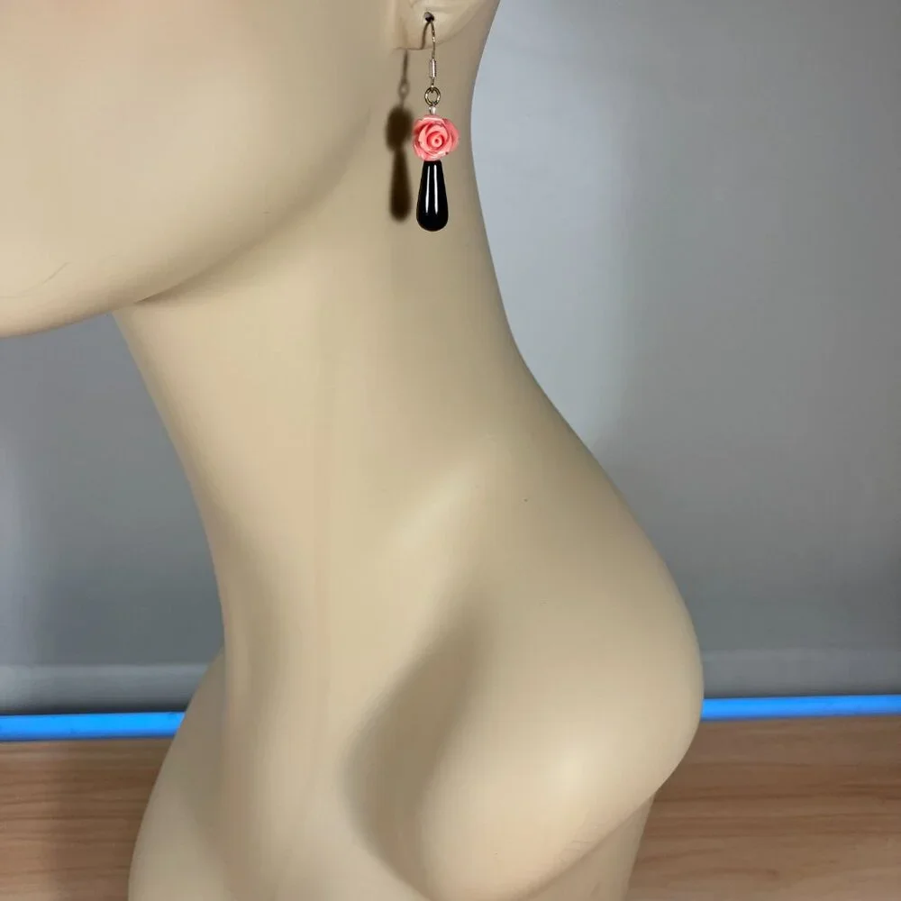 Handcrafted Black Onyx and Pink Shell Rose  Earrings – 1” L - Picture 2 of 2